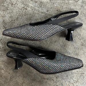 J. Reneé Women's Black and Silver Sling Back Kitten Heel Mules